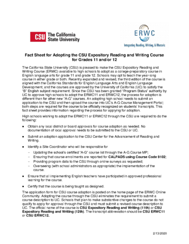 Fact Sheet for Adopting ERWC